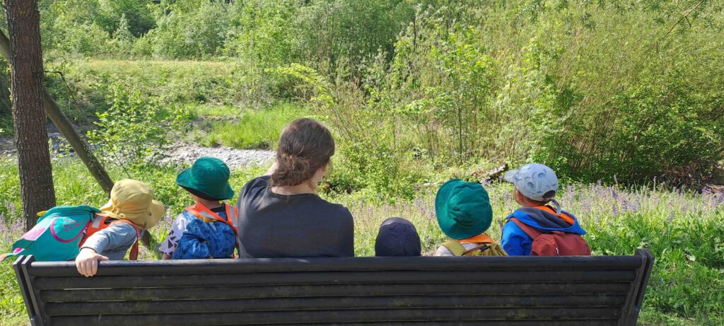 Waldkitakinder beobachten die Natur auf einer Bank